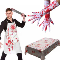White&amp;Red Halloween Bloody Gloves Polyester Party Decoration Bloodstain Apron Festival Supplies Cosplay Bloody Tablecloth
