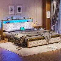 King Size Bed Frame with Storage Headboard &amp;LED Lights, Upholstered Platform Bed for indoor bedroom furniture
