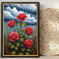 Hiasan dinding lukisan cetak Bunga mawar merah plus bingkai ukuran 35x53cm