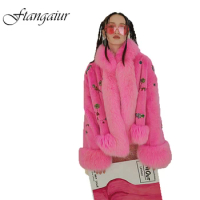 Ftangaiur Winter Coat For Women Import Velvet Fur Coat Women's Cold Mink Coats Fox Fur Sleeve Beading Feather Real Fur Coats