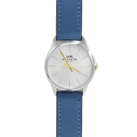 【COACH】馬車LOGO邊框素面皮革石英腕錶淑女錶(藍)