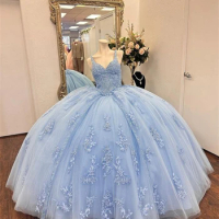 Sky Blue Lace Applique Spaghetti Ball Gown Quinceanera Dress Mexican Corset Sweet 16 Dress Princess Lace-up Vestido De 15 Años