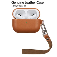 Genuine Leather AirPods Pro 2 Case Luxury Real Skin Apple AirPods Pro Cover Strap Brown Color.