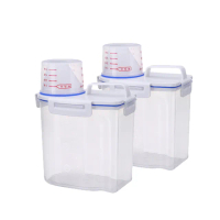 【享生活】新一代儲物桶 2入組四扣式日式密封防潮儲物罐附量杯(1.5kg 五穀雜糧儲物桶防蟲防潮米桶)