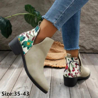 New Women Chelsea Boots Retro Mid Heels Pointed Toe Ladies Short Boots Woman Flower Patterned Patchwork Shoes Casual Ankle Boots