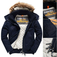 跩狗嚴選 極度乾燥 Superdry Windbomber 超細纖維進階款 深藍白 風衣 外套 防風 合身縮口 鋪棉保暖 毛可拆