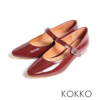 KOKKO甜美秀氣瑪莉珍牛油皮舒弧低跟鞋酒紅色