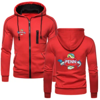 2024 Spring Autumn Men's Penn Fishing Reel Logo Printed High Street Casual Cotton Hoodies Popular Solid Color Zipper Sweatshirts