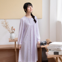 華歌爾睡衣-睡眠研究系列 M-LL長袖睡衣裙裝(紫) 吸濕快乾-透氣柔軟-抗皺易保養