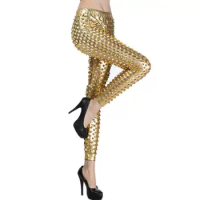 Women Skinny Pants Hollow Shiny Solid Color Elastic Waist Ladies Stage Performance Trousers Disco Party Costume Clubwear