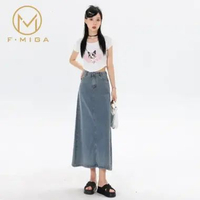 F·MIGA C77 High Waist A-Line 3/4 Kasual Rok Denim Jeans Midi Wanita - Hitam S Biru46
