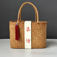 Bamboo Printed FabricHandbag Literary Retro Ladies Basket Bag Picnic Basket Bible Cover Capa P Biblia