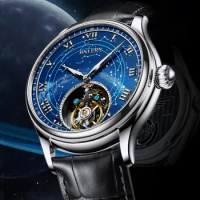 NEW Super Jinlery True Flying Tourbillon Watch for Men Milky Way Star Sapphire Dial Luxury Leather Male Mechanical Wrist Watch
