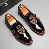 New 2023 British Retro Embroidery Monk Strap Shoes Thick Bottom Loafers Wedding Prom Homecoming Party Footwear Zapatos Hombre