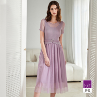 ILEY伊蕾 高端奢華立體壓褶拼接網紗長洋裝(紫色；M-XL)1231067321