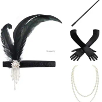 1920s Flapper Accessories Set Gatsby Costume Accessories 20s Flapper Headband Pearl Necklace Gloves Cigarette Holder 80s dress
