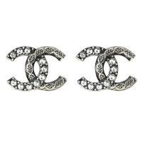 【CHANEL 香奈兒】經典水鑽雙C LOGO復古花飾貼耳針式耳環(復古銀)