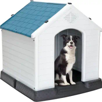 Large Plastic Dog House Indoor Outdoor Doghouse Dog Kennel Easy to Assemble Puppy Shelter w/Air Vents Elevated Floor Waterproof