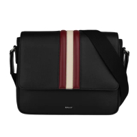 【BALLY】Mythos 紅白條紋再生牛皮翻蓋郵差包(黑色)