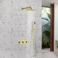 Luxury Brushed Gold 10 inch Shower head set Wall mounted Bathroom shower faucet set Brass Modern Hot and Cold Water shower set