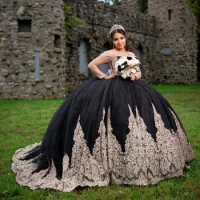 Mexican Black Quinceanera Dress With Sleeves 2024 Ball Gown Princess Prom Dress Pageant Party Dress Vestidos De 15 Años