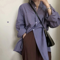 甜酷風紫色襯衫女春秋設計感小眾寬松韓版中長款長袖上衣薄款襯衣