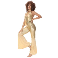 Retro 60s 70s Hippie Disco Fox Costume for Adult Women Shining Gold Jumpsuit Bell Bottom Leg with Scarf