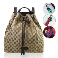 【GUCCI 古馳】經典雙G緹花布皮飾邊束口旅用包後背包(駝 大款 買就送BV隨機吊飾鑰匙圈)
