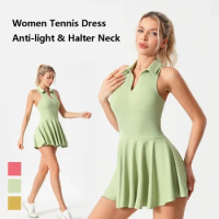 All-in-one Tennis Short Dress Women Halter Neck Tennis Yoga Dresses Ladies Fitness Workout Skort with Chest Padded Sport Skirts