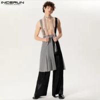INCERUN 2024 Men Jumpsuits Skirts Plaid Patchwork Straps Rompers Streetwear Personality Casual Male Irregular Suspender Skirts