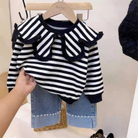 NES SETELAN SET ANAK PEREMPUAN SWEATER GARIS SALUR DAN CELANA JEANS HITAM PUTIH IMPORT PREMIUM FASHI