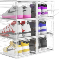 Harder Solid Plastic Shoe Organizer with Magnetic Front Door, 6 Pack Boxes Clear Stackable, Sneaker Storage for Clo
