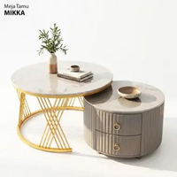 Meja Tamu MIKKA / Meja Tamu Set 2 in 1 Marble Minimalis + Laci & Roda | Meja Sofa Modern Gold Frame 