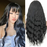 Lolita Synthetic Wave Wig With Bangs Black Grey Natural Heat Resistant Hair Everyday Wear Wig Women 24" Length