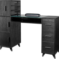 Manicure Table Nail Desk for Nail Tech w/Glass Top w/3 Side Cabinet+3 Drawers+3 Layers Open Cabinet+1 Open Drawer