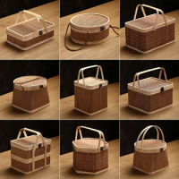 Pure Handmade Bamboo Basket Moon Cake Basket Upper Circle Bottom Zongzi Basket Fruit Basket Tea Bamboo Gift Box Packaging