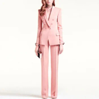 Tesco Elegant Women Suit Full Sleeve Pink Blazer Coat 2 Piece Set Office Lady Streetwear Slim Fit Outfits For Working Party Wear