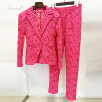 Tesco Spring Lace Flower Blazer And Pencil Pants For Women 2 Piece Elegant Slim Fuchsia White Suit Female Party Pant Sets