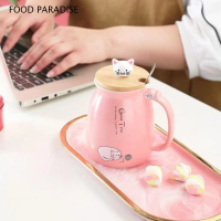 FOOD PARADISE Dễ thương Phong cách Nhật Bản Cốc hình mèo hoạt hình 450ml với nắp gỗ Cốc trà Gốm sứ v