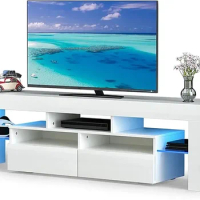 White LED TV Stand for 50/55/60/65/70 TV, High Gloss Gaming Entertainment Center with Drawers and Open Shelves, TV Console Table