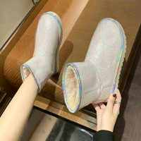 雪地靴女皮毛一體2021年新款時尚仙女風防水防滑水鉆膠片短筒靴冬