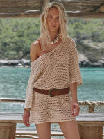 2024เซ็กซี่ถัก V คอครึ่งแขน Hollow Out Beach  Dress ฤดูร้อน2024ผู้หญิง Beach Tunic ชุดว่ายน้ำ Cover 