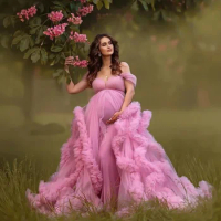 Graceful A Line Maternity Dress Tulle Sweetheart Off The Shoulder Sleeveless Tiered Pleated Pregnancy Robs Puffy Fluffy Custom