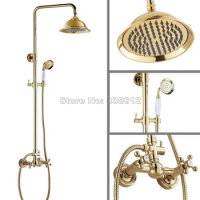 Wall Mounted Gold Color Brass Rain Shower Faucet Set with Bathroom Handheld Shower Mixer Tap + 8.2 inch Shower Head Wgf333