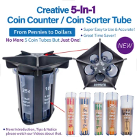 Coin Counter Coin Sorter Tube, Creative 5-In-1 Change Sorter Coin Organizer, Change Counter Machine Coin Roller