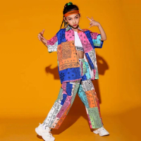 Modern Hip Hop Dance Costume Fashion Printed Shirts Pants Street Dance Performance Outfit Girls Kpop Concert Kids Stage Wear