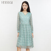 JESSICA - 法式浪漫刺繡蕾絲V領透膚長袖洋裝J30526