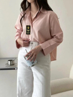 mz - Ziggy Top Stripe Shirt Kemeja Salur Garis Oversized Crop Shirt Atasan Wanita Lengan Panjang Cew