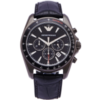 【EMPORIO ARMANI】疾速時尚男性黑鋼三眼手錶-灰黑面X黑色/44mm(AR6097)