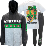 LZD Minecraft Creeper Boys ชุดมัด3ชิ้นเสื้อมีฮู้ดแฟชั่นมีซิปเสื้อยืดแขนสั้นและกางเกงขายาว Jogger